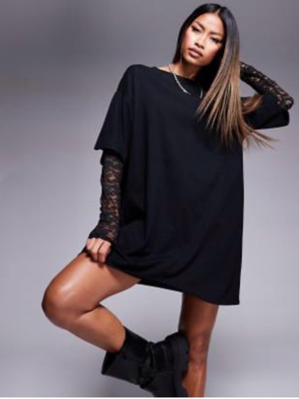 ASOS Black Oversized T-Shirt Dress with Lace Sleeves